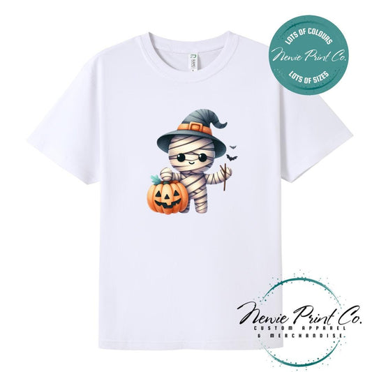 Custom Halloween t-shirts printed in Australia, featuring a cute but spooky mummy witch design and optional personalised names — perfect for Halloween parties, school events, or family matching outfits.