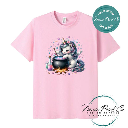Custom Halloween t-shirts printed in Australia, featuring a cute and spooky unicorn and cauldron design and optional personalised names — perfect for Halloween parties, school events, or family matching outfits.