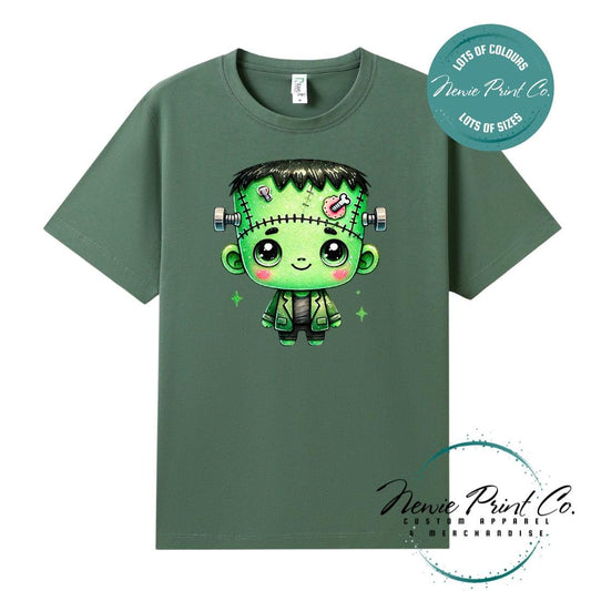 Custom Halloween t-shirts printed by in Australia by Newie Print Co, featuring  a cute and spooky zombie Frankenstein and optional personalised names — perfect for Halloween parties, school events, or family matching outfits.