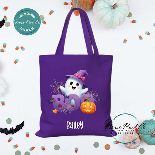 Custom Halloween tote bag with optional personalised name printed on the front, perfect for trick-or-treating or spooky season gifts by Newie Print Co.