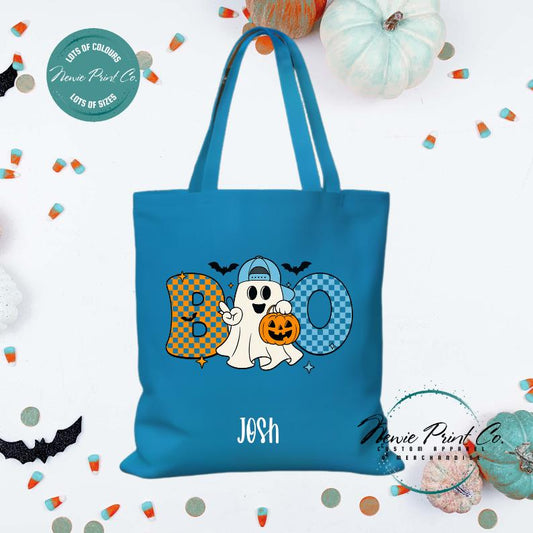 Custom Halloween tote bag with optional personalised name printed on the front, perfect for trick-or-treating or spooky season gifts.