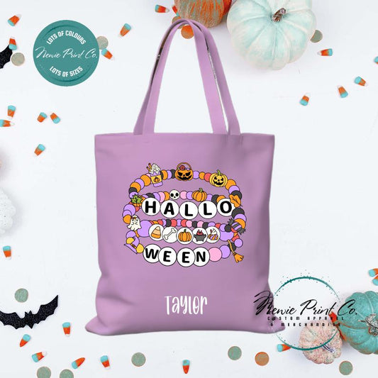 Custom Halloween tote bag with optional personalised name printed on the front, perfect for trick-or-treating or spooky season gifts
