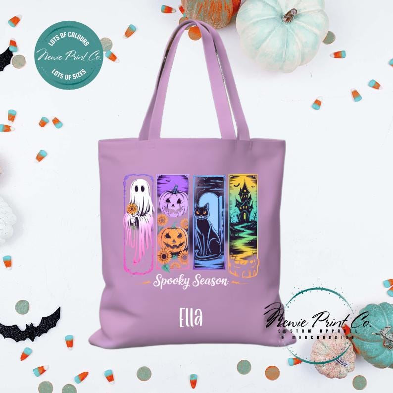 Custom Halloween tote bag with optional personalised name printed on the front, perfect for trick-or-treating or spooky season gifts