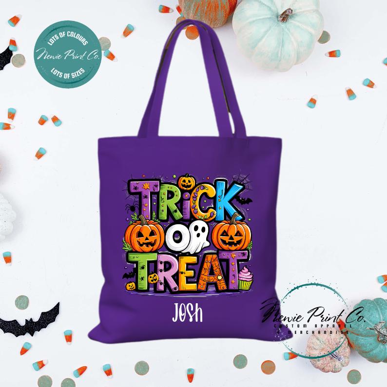 Custom Halloween tote bag with optional personalised name printed on the front, perfect for trick-or-treating or spooky season gifts