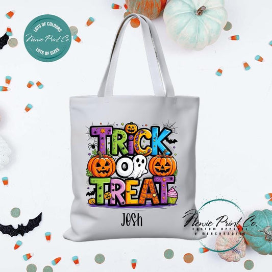Custom Halloween tote bag with optional personalised name printed on the front, perfect for trick-or-treating or spooky season gifts