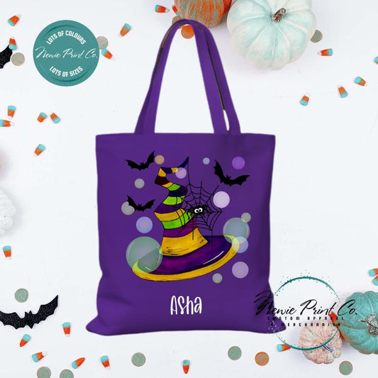 Custom Halloween tote bag with optional personalised name printed on the front, perfect for trick-or-treating or spooky season gifts