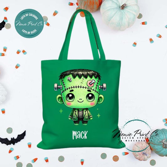 Custom Halloween tote bag with a cute zombie Frankenstein boy, optional personalised name printed on the front, perfect for trick-or-treating or spooky season gifts