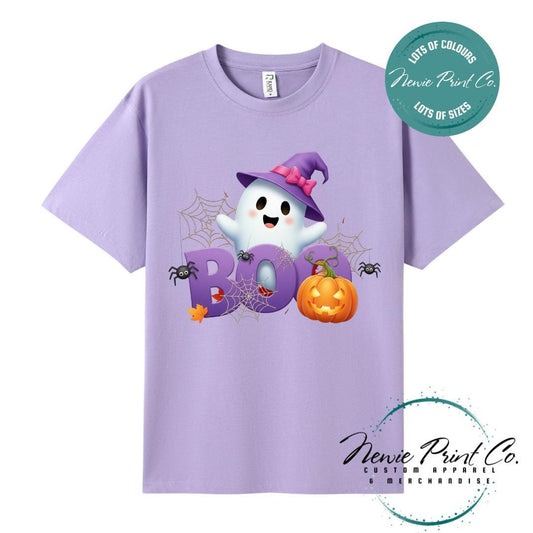 Custom Halloween t-shirts printed in Australia, featuring a cute but spooky design ghost design with the words boo in big bold letters and optional personalised names underneath - perfect for Halloween parties, school events, or family matching outfits.