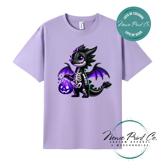 Custom Halloween t-shirts printed in Australia, featuring a cute but spooky black and purple dragon, and optional personalised names underneath - perfect for Halloween parties, school events, or family matching outfits.
