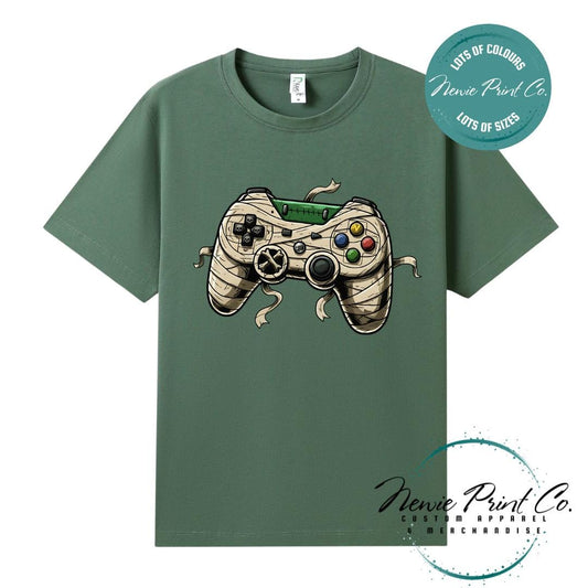 Custom Halloween t-shirts printed in Australia, featuring a spooky gamer design and optional personalised names — perfect for Halloween parties, school events, or family matching outfits.