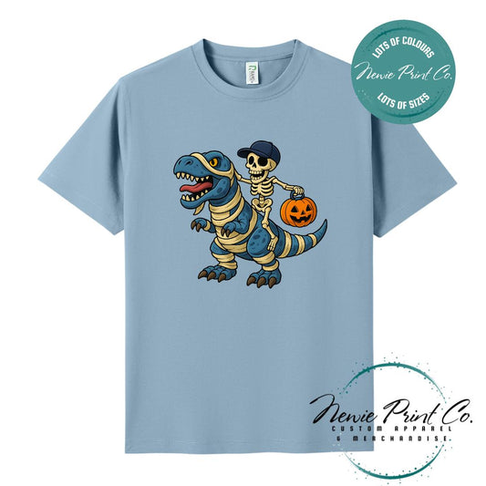 Custom Halloween t-shirts printed by Newie Print Co, featuring spooky designs and optional personalised names — perfect for Halloween parties, school events, or family matching outfits.