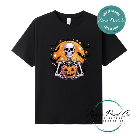 Custom Halloween t-shirts printed by Newie Print Co, featuring spooky designs and optional personalised names — perfect for Halloween parties, school events, or family matching outfits.