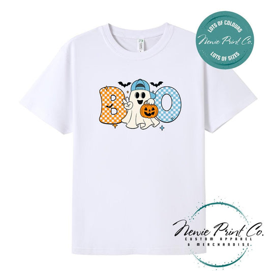 Custom Halloween t-shirts printed in Australia, featuring spooky designs and optional personalised names — perfect for Halloween parties, school events, or family matching outfits.