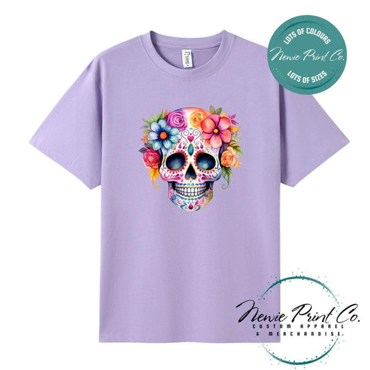 Custom Halloween t-shirts printed in Australia, featuring a floral sugar skull design and optional personalised names — perfect for Halloween parties, school events, or family matching outfits.