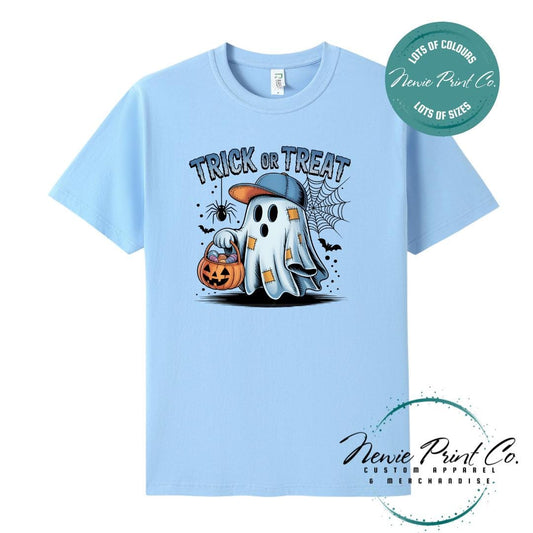 Custom Halloween t-shirts printed by Newie Print Co, featuring spooky designs and optional personalised names — perfect for Halloween parties, school events, or family matching outfits.