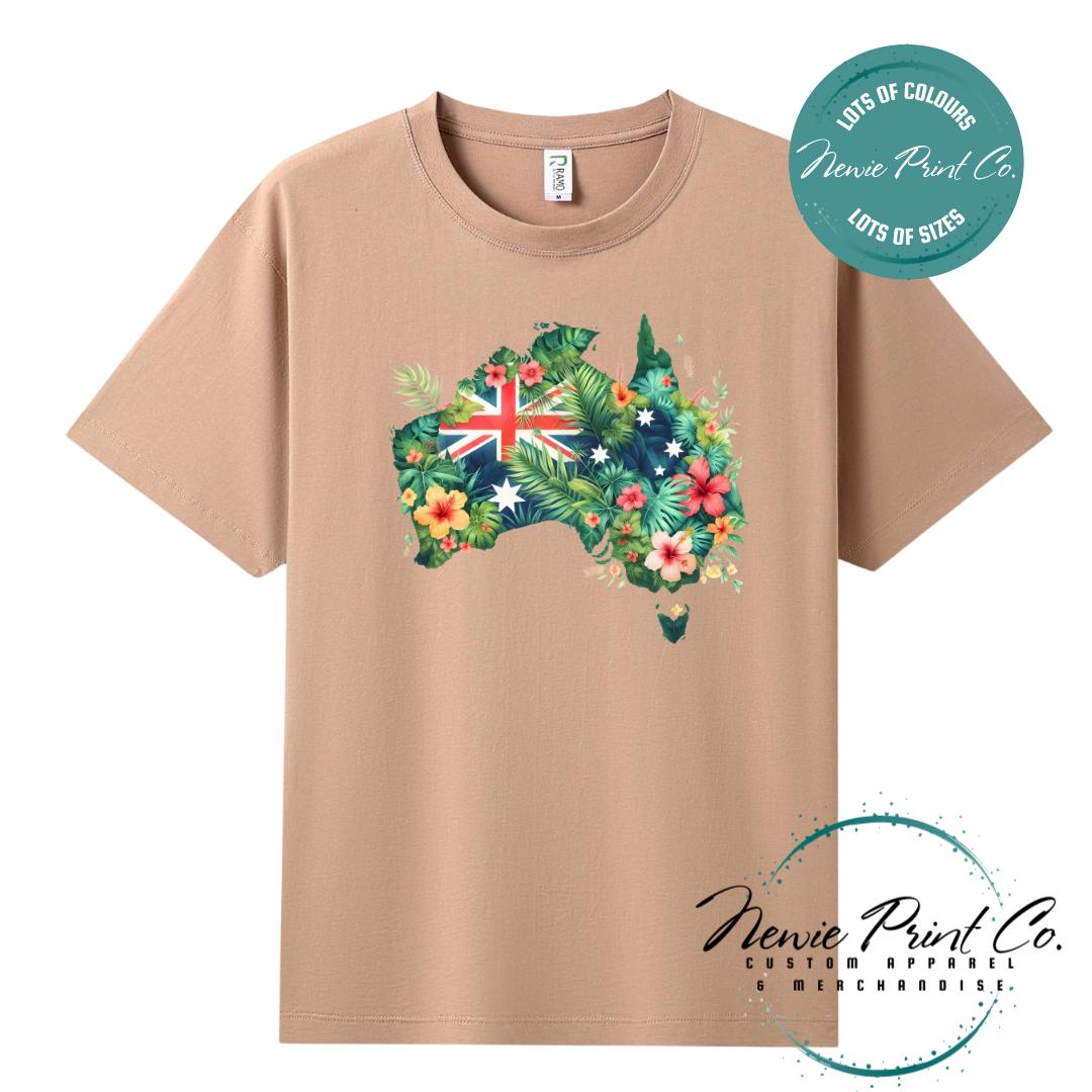 Australia Floral Map T-Shirt | Aussie Map Tee | Australian Graphic Shirt | Unisex Adult T-Shirt