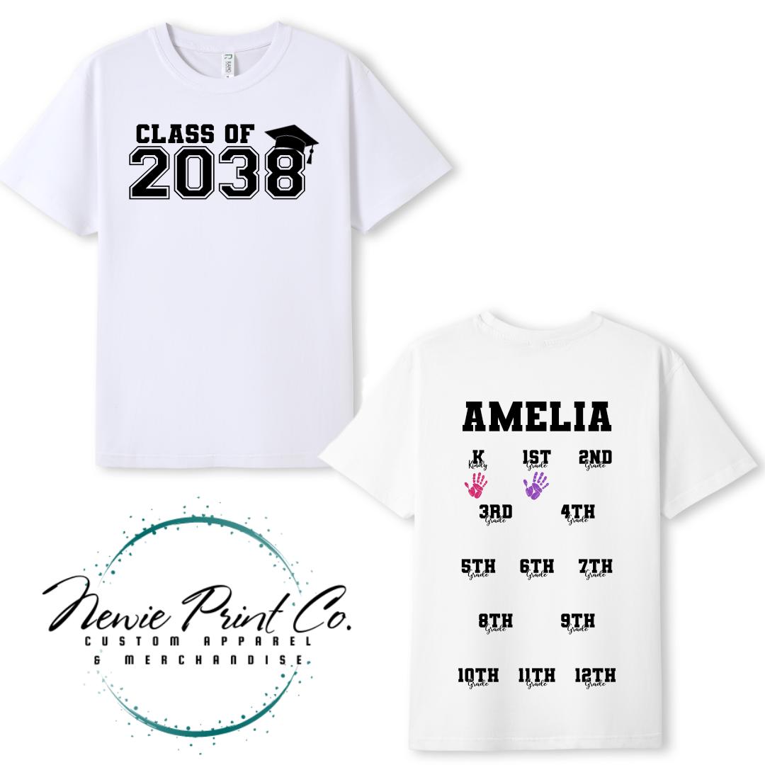 Class of 2038 Kids T-Shirt | School Milestone Memory Shirt | Handprint Keepsake | First Day of School Shirt | Custom Kids Tee
