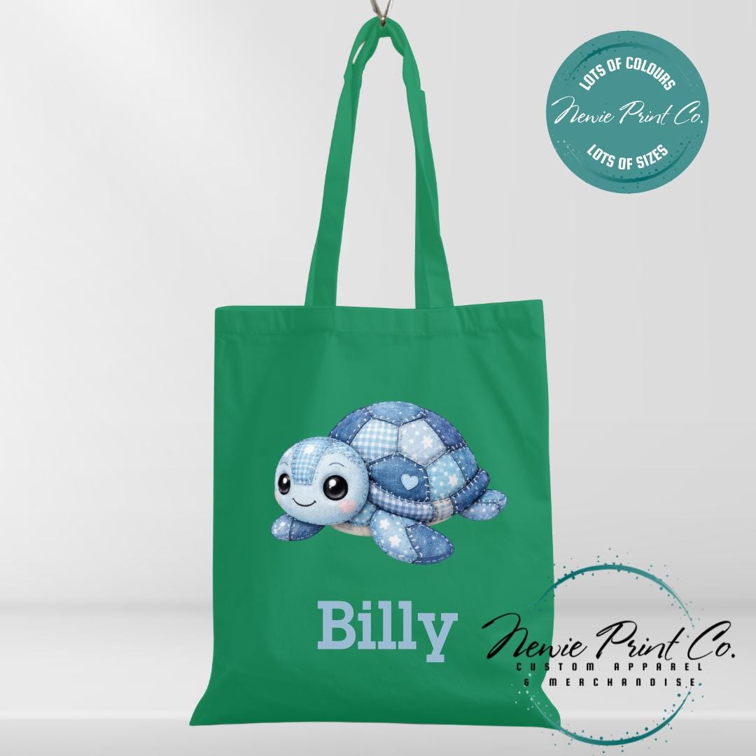 Blue Patchwork Turtle - Personalized Tote/Library Bags