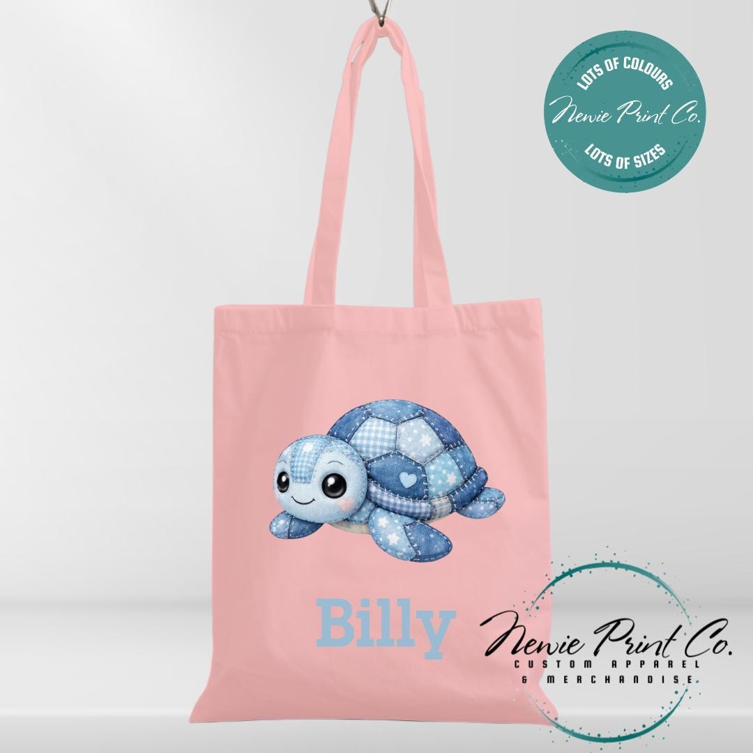 Blue Patchwork Turtle - Personalized Tote/Library Bags