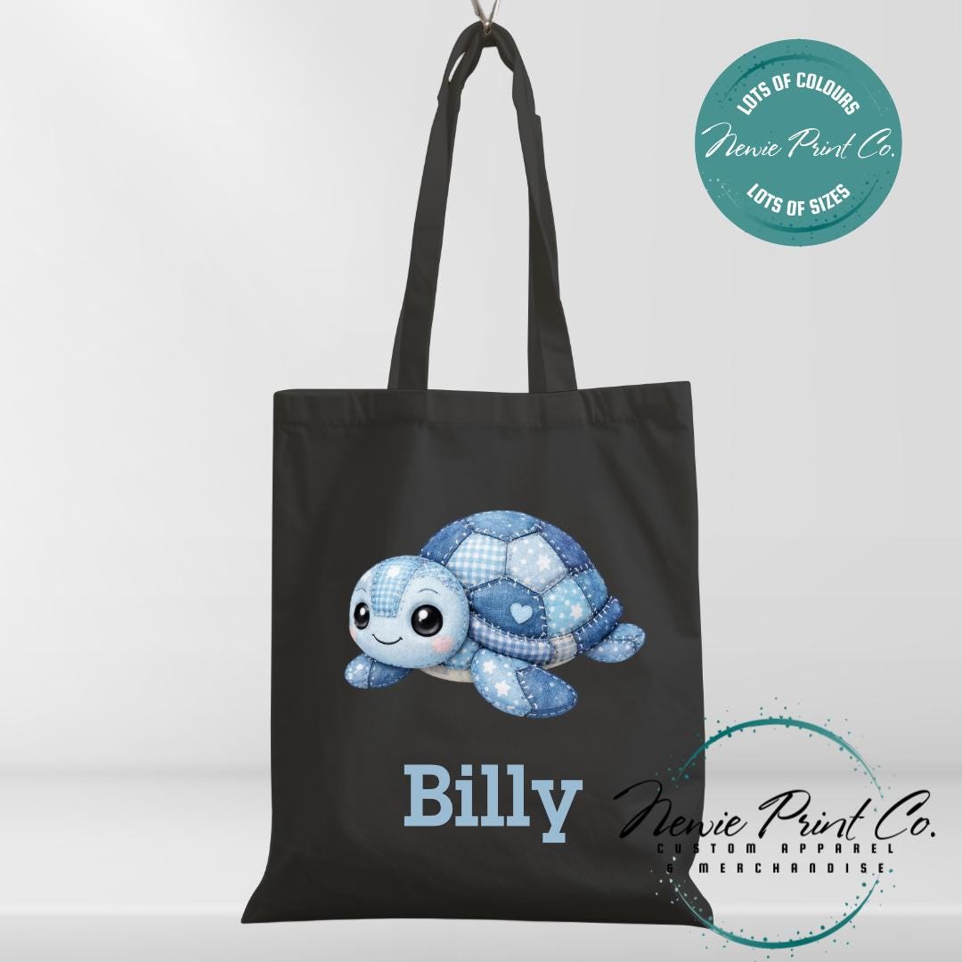 Blue Patchwork Turtle - Personalized Tote/Library Bags