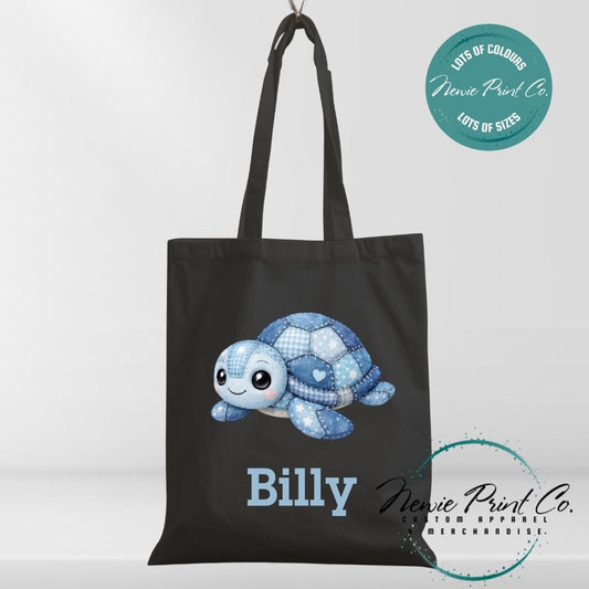 Blue Patchwork Turtle - Personalized Tote/Library Bags