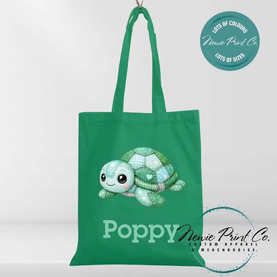 Green Patchwork Turtle - Personalized Tote/Library Bags