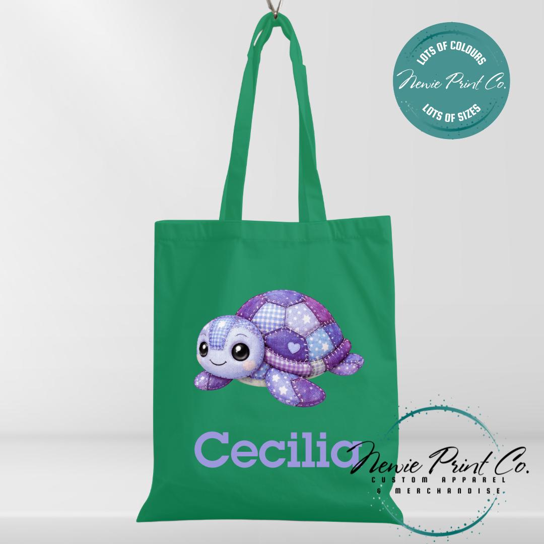 Purple Patchwork Turtle - Personalized Tote/Library Bags