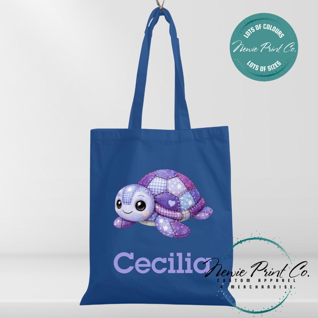 Purple Patchwork Turtle - Personalized Tote/Library Bags
