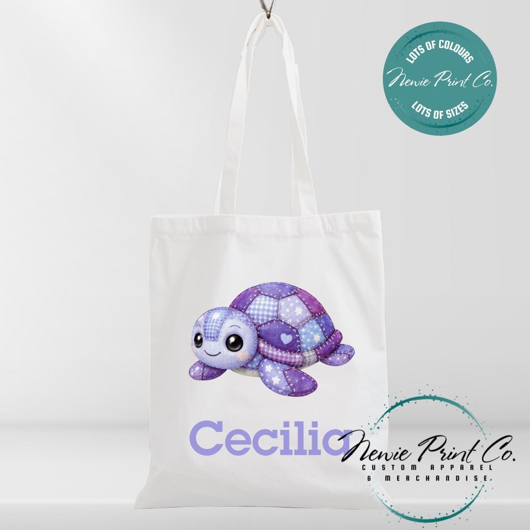 Purple Patchwork Turtle - Personalized Tote/Library Bags