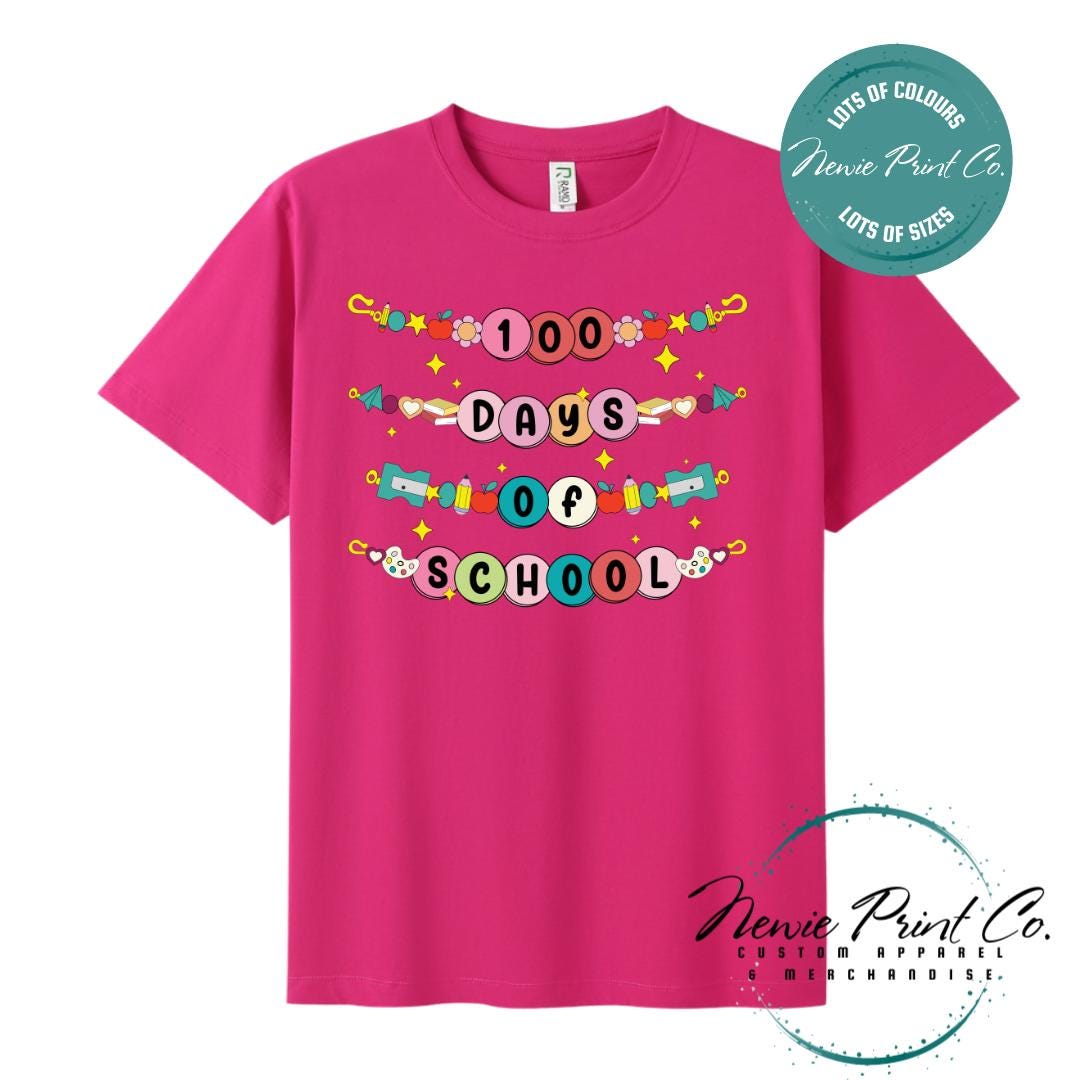 Hot Pink 100 Days of School t-shirt featuring a colourful friendship bracelet with the text “100 Days of School,” designed for students or teachers to celebrate the 100th day of school milestone in a fun, playful way. Available in both adult and kids sizes.