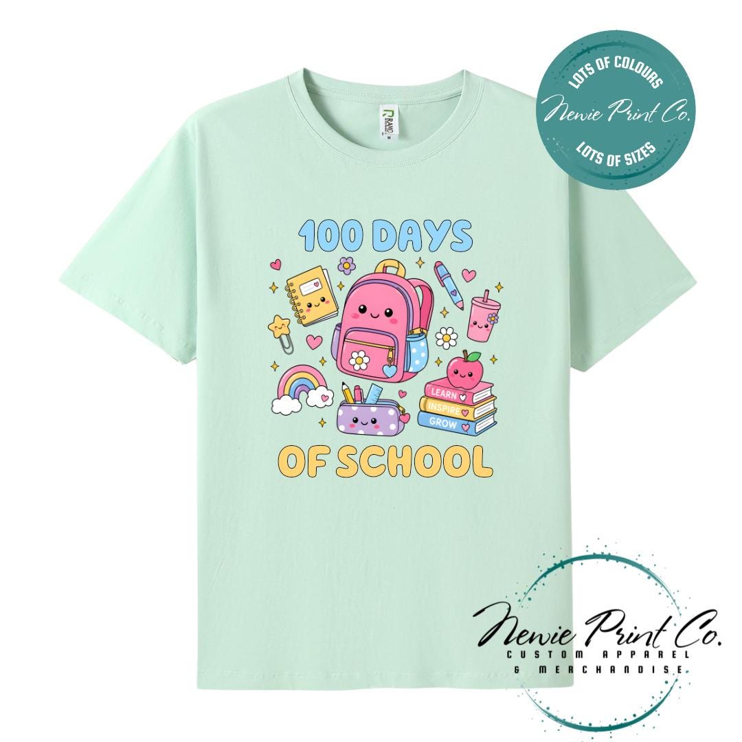 Mint Green 100 Days of School t-shirt featuring acute graphic featuring essential school items like a backpack and pencil case cute star paperclip and more with the text “100 Days of School,” designed for students or teachers to celebrate the 100th day of school milestone in a fun, playful way. Available in both adult and kids sizes.
