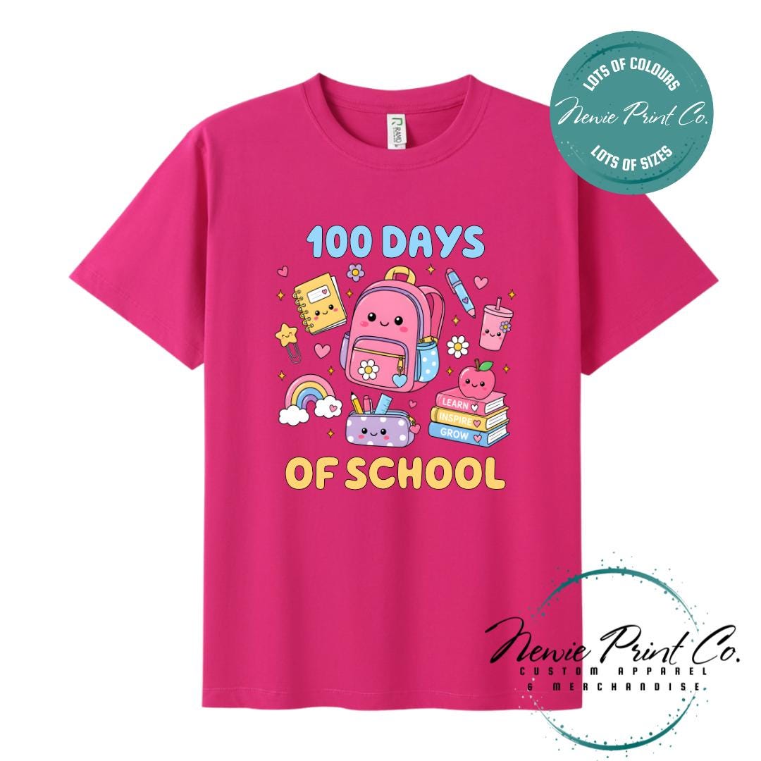 Hot Pink 100 Days of School t-shirt featuring acute graphic featuring essential school items like a backpack and pencil case cute star paperclip and more with the text “100 Days of School,” designed for students or teachers to celebrate the 100th day of school milestone in a fun, playful way. Available in both adult and kids sizes.