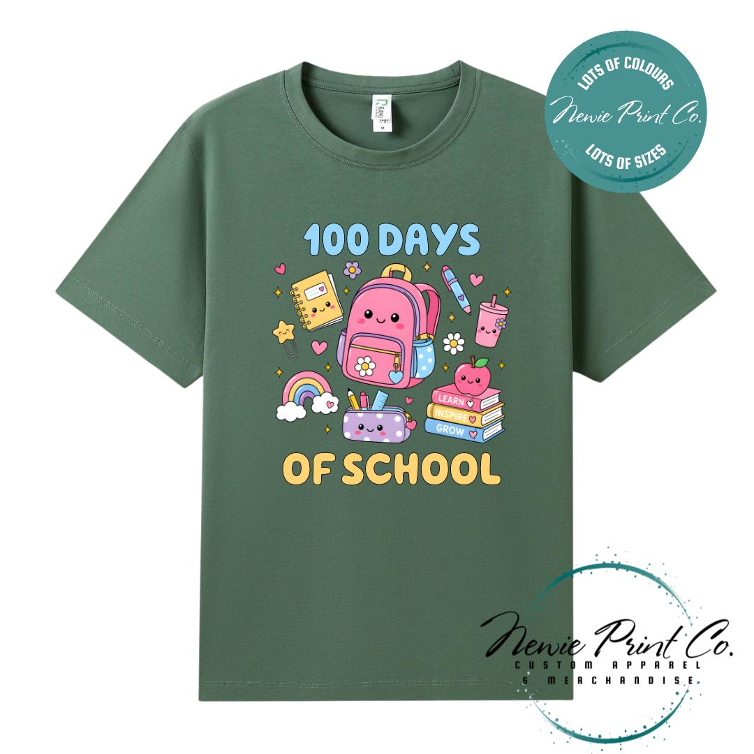 Army 100 Days of School t-shirt featuring acute graphic featuring essential school items like a backpack and pencil case cute star paperclip and more with the text “100 Days of School,” designed for students or teachers to celebrate the 100th day of school milestone in a fun, playful way. Available in both adult and kids sizes.