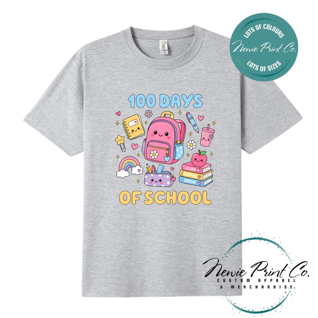 Grey Marl 100 Days of School t-shirt featuring acute graphic featuring essential school items like a backpack and pencil case cute star paperclip and more with the text “100 Days of School,” designed for students or teachers to celebrate the 100th day of school milestone in a fun, playful way. Available in both adult and kids sizes.