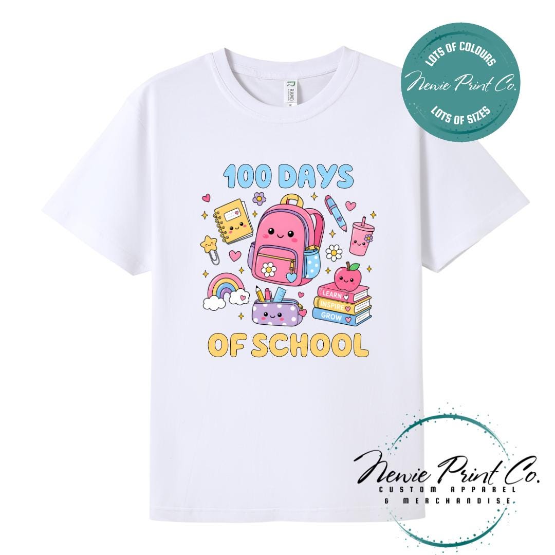 White 100 Days of School t-shirt featuring acute graphic featuring essential school items like a backpack and pencil case cute star paperclip and more with the text “100 Days of School,” designed for students or teachers to celebrate the 100th day of school milestone in a fun, playful way. Available in both adult and kids sizes.