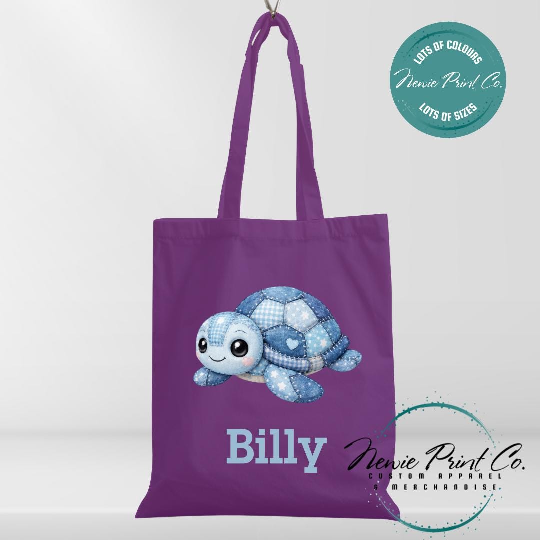 Blue Patchwork Turtle - Personalized Tote/Library Bags