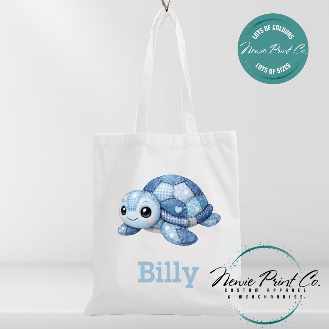 Blue Patchwork Turtle - Personalized Tote/Library Bags