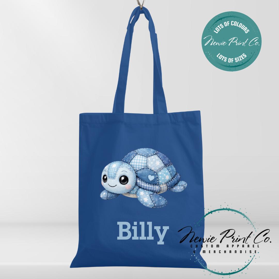 Blue Patchwork Turtle - Personalized Tote/Library Bags