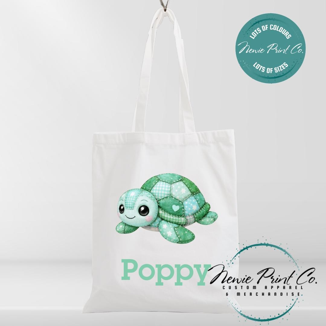 Green Patchwork Turtle - Personalized Tote/Library Bags