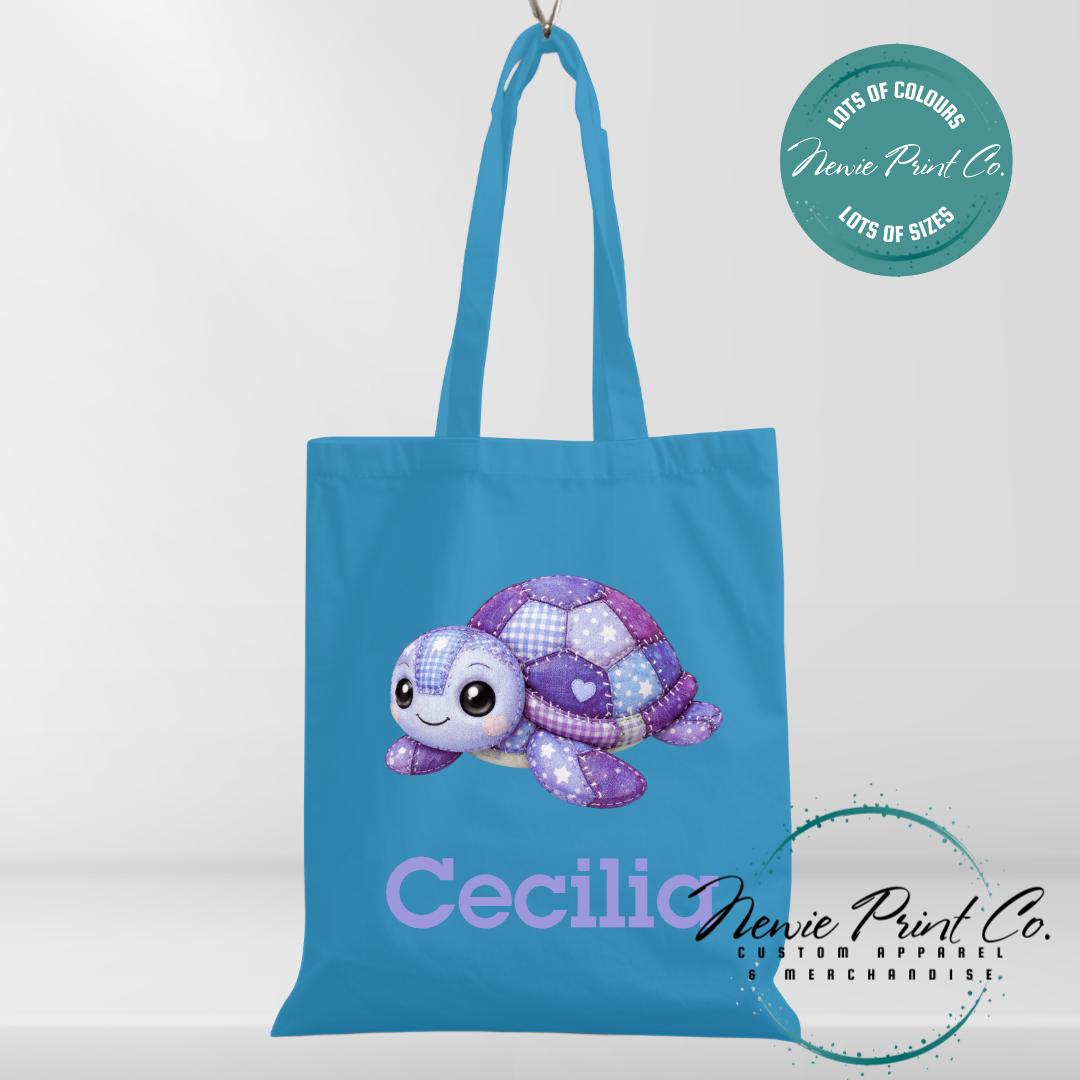 Purple Patchwork Turtle - Personalized Tote/Library Bags
