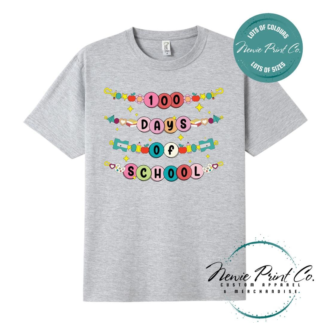 Grey Marl 100 Days of School t-shirt featuring a colourful friendship bracelet with the text “100 Days of School,” designed for students or teachers to celebrate the 100th day of school milestone in a fun, playful way. Available in both adult and kids sizes.