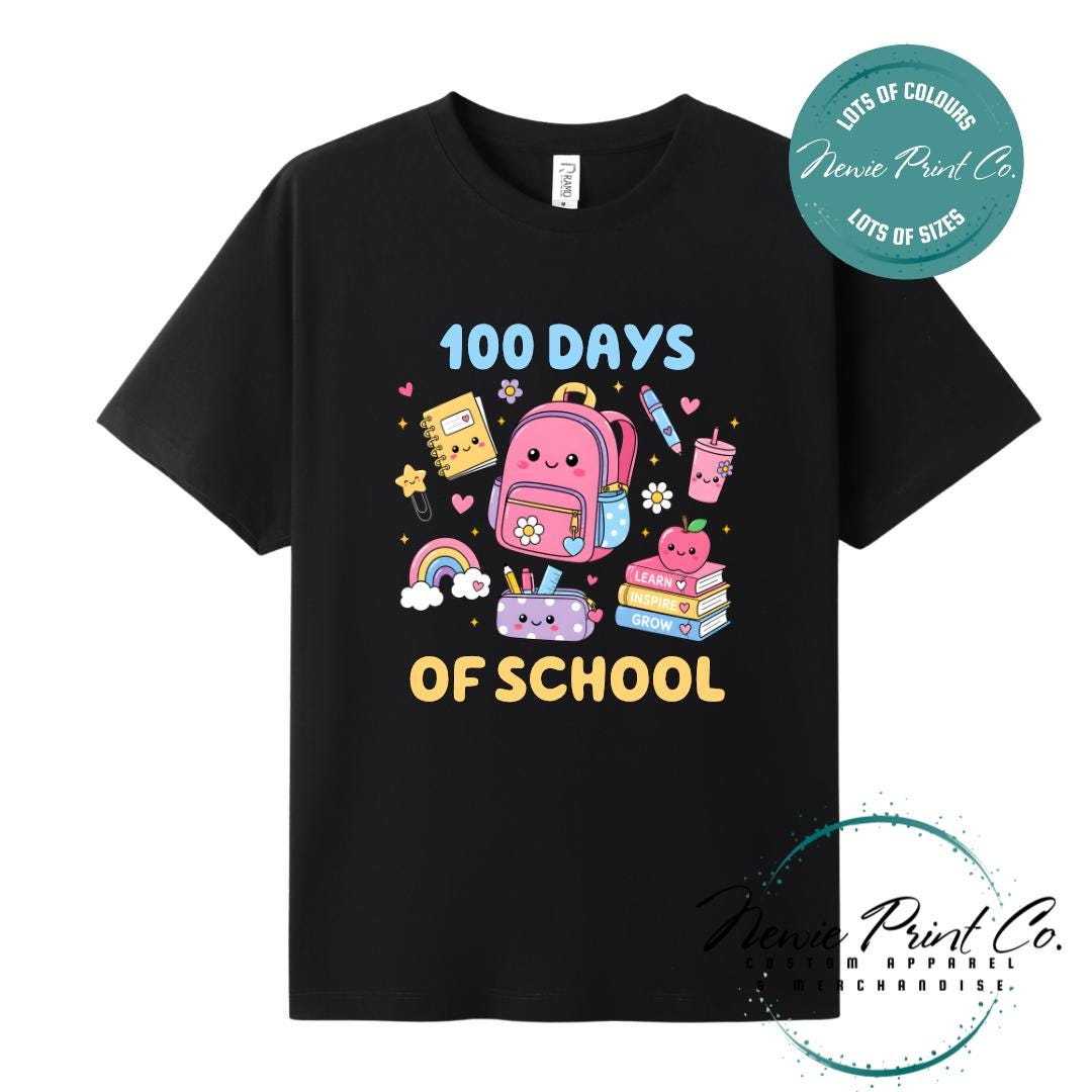 Black 100 Days of School t-shirt featuring acute graphic featuring essential school items like a backpack and pencil case cute star paperclip and more with the text “100 Days of School,” designed for students or teachers to celebrate the 100th day of school milestone in a fun, playful way. Available in both adult and kids sizes.