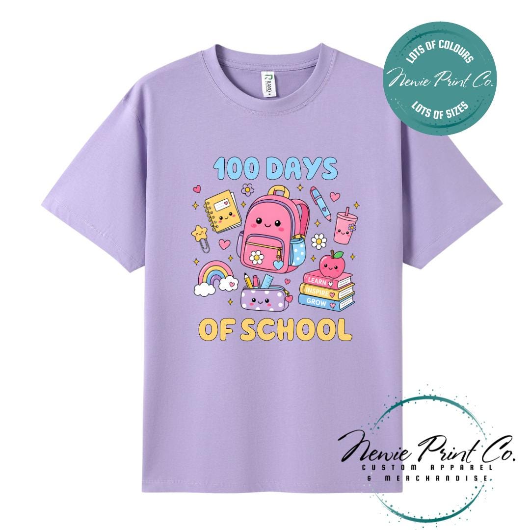 Lavender 100 Days of School t-shirt featuring acute graphic featuring essential school items like a backpack and pencil case cute star paperclip and more with the text “100 Days of School,” designed for students or teachers to celebrate the 100th day of school milestone in a fun, playful way. Available in both adult and kids sizes.