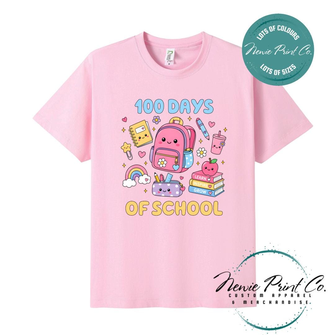 Pink 100 Days of School t-shirt featuring acute graphic featuring essential school items like a backpack and pencil case cute star paperclip and more with the text “100 Days of School,” designed for students or teachers to celebrate the 100th day of school milestone in a fun, playful way. Available in both adult and kids sizes.