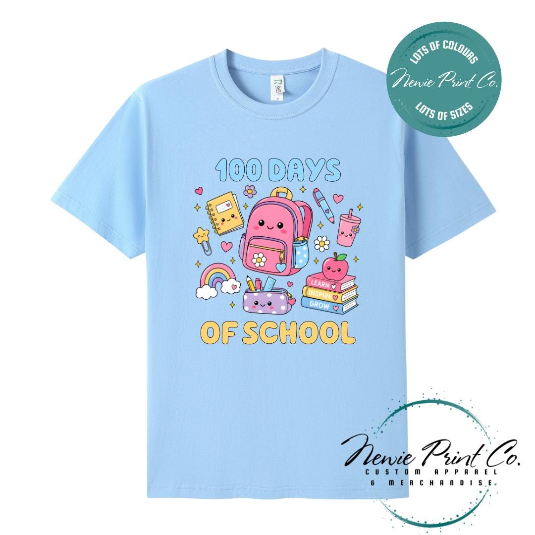Sky Blue 100 Days of School t-shirt featuring acute graphic featuring essential school items like a backpack and pencil case cute star paperclip and more with the text “100 Days of School,” designed for students or teachers to celebrate the 100th day of school milestone in a fun, playful way. Available in both adult and kids sizes.
