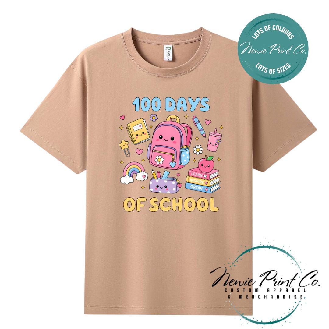 Peach 100 Days of School t-shirt featuring acute graphic featuring essential school items like a backpack and pencil case cute star paperclip and more with the text “100 Days of School,” designed for students or teachers to celebrate the 100th day of school milestone in a fun, playful way. Available in both adult and kids sizes.