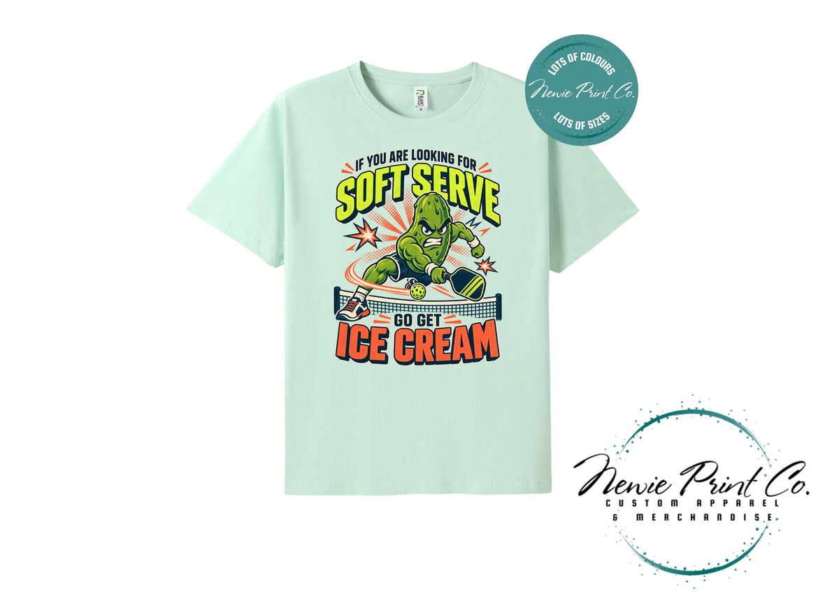 Funny Pickleball Shirt, Soft Serve Ice Cream Tee, Fierce Pickle Mascot T-Shirt, Pickleball Player Gift, Unisex Sports Tee