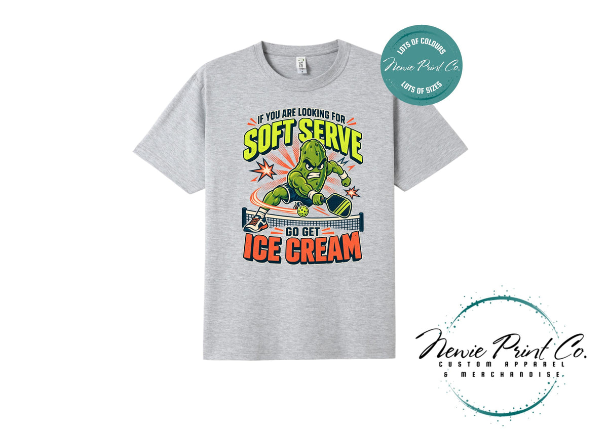 Funny Pickleball Shirt, Soft Serve Ice Cream Tee, Fierce Pickle Mascot T-Shirt, Pickleball Player Gift, Unisex Sports Tee