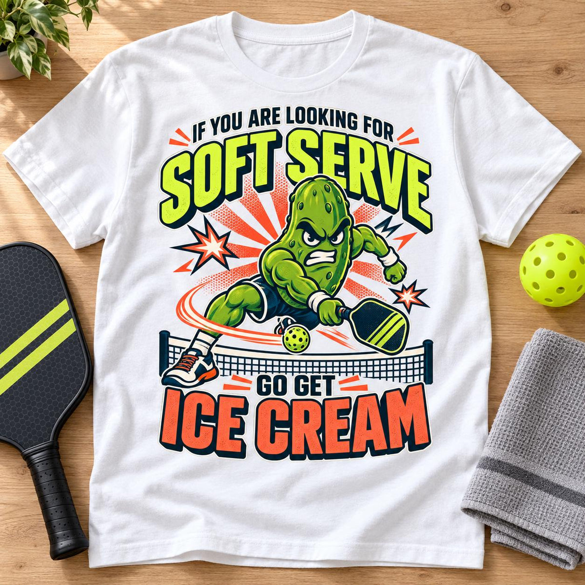 Funny Pickleball Shirt, Soft Serve Ice Cream Tee, Fierce Pickle Mascot T-Shirt, Pickleball Player Gift, Unisex Sports Tee