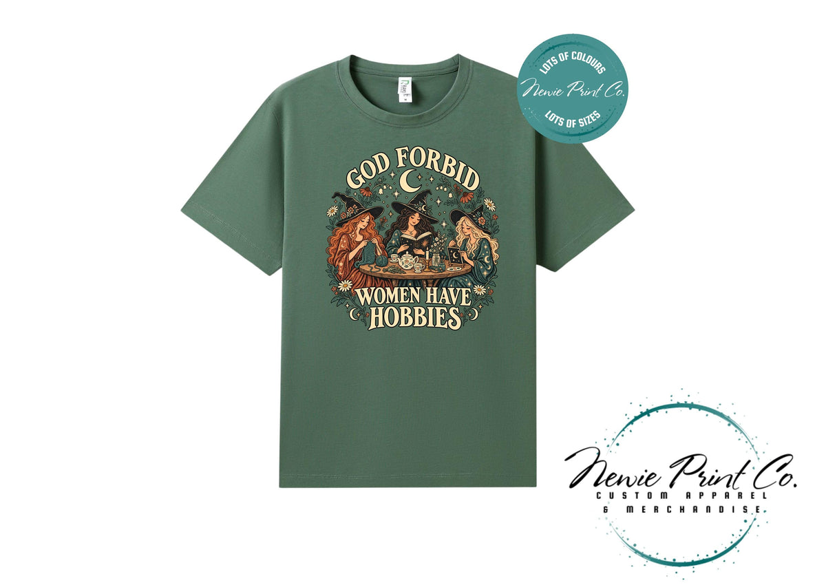 God Forbid Women Have Hobbies Witch T-Shirt, Vintage Crafting and Bookish Graphic Tee